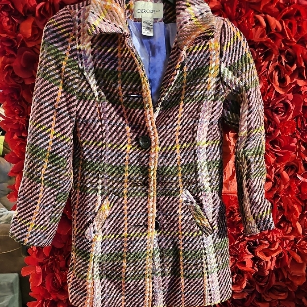 Cherokee Colorful Plaid Girl's Pea Coat Size Medium